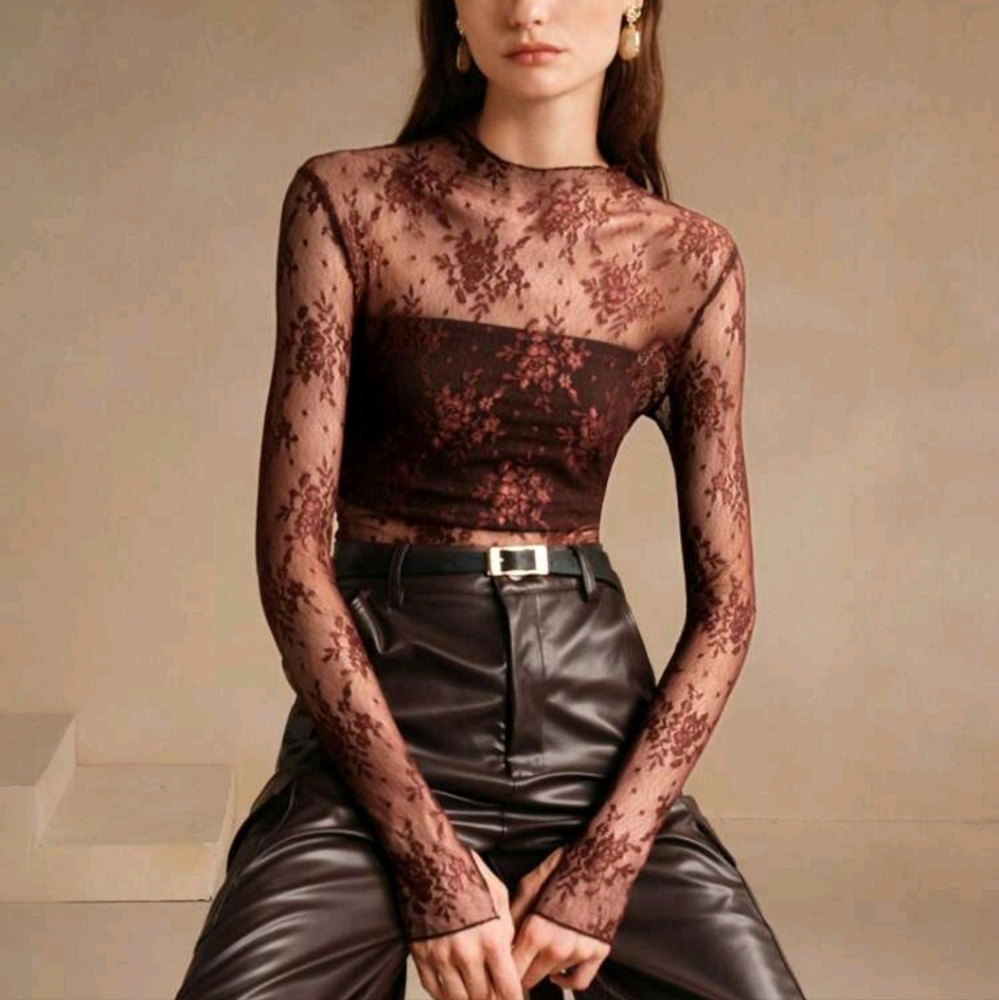 Women's Solid Color Lace See-Through Sexy Long Sleeve Top